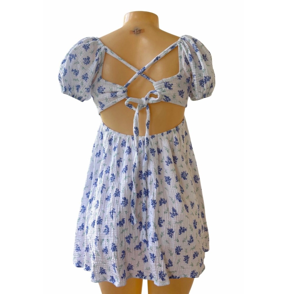 PRINCESS POLLY White Blue Floral Puff Sleeve Open Back Mini Dress Women's Sz XS - Picture 6 of 10